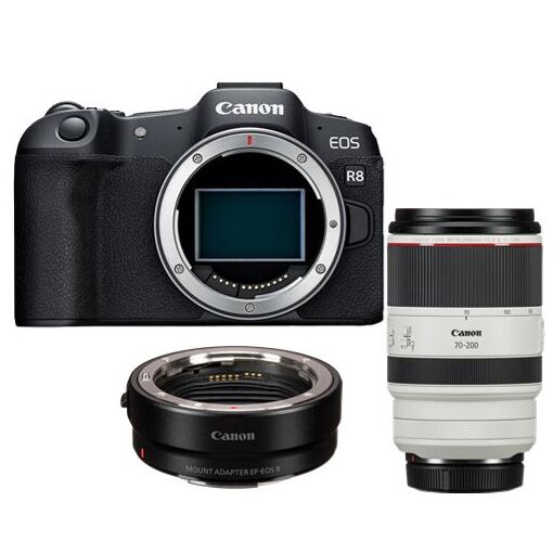 Appareil photo Canon EOS R8 + adaptateur de montage EF-EOS R + objectif RF 70-200mm f/2.8 L IS USM