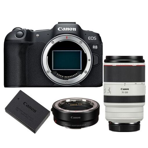 Canon EOS R8 Mirrorless Camera + Mount Adapter EF-EOS R + Canon LP-E17 Battery + RF 70-200mm f/2.8 L IS USM Lens