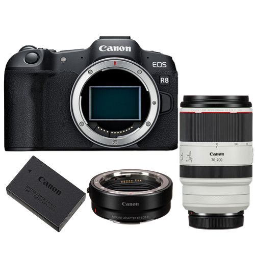 Canon EOS R8 Mirrorless Camera + Mount Adapter EF-EOS R + Canon LP-E17 Battery + RF 70-200mm f/2.8 L IS USM Lens