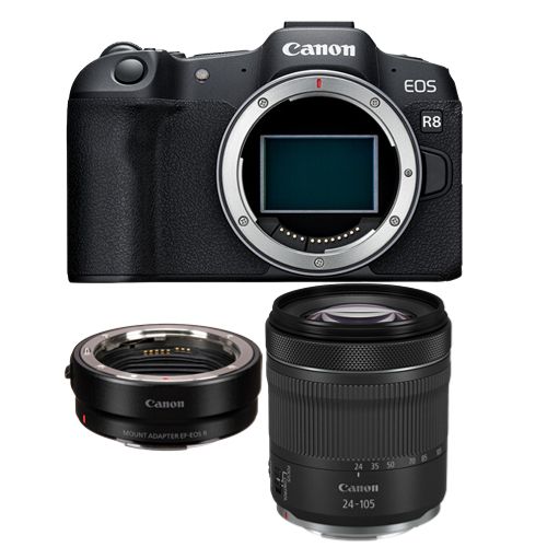 Canon EOS R8 Mirrorless Camera + EF-EOS R Mount Adapter + RF 24-105mm f/4-7.1 IS STM Lens