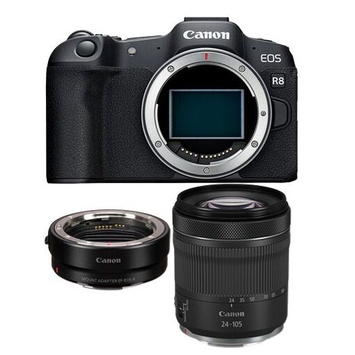 Canon EOS R8 Mirrorless Camera + EF-EOS R Mount Adapter + RF 24-105mm f/4-7.1 IS STM Lens
