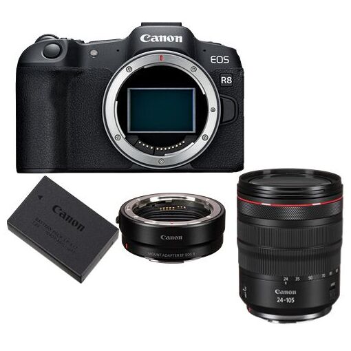Canon EOS R8 Mirrorless Camera + EF-EOS R Mount Adapter + Canon LP-E17 Battery + RF 24-105mm f/4L IS USM Lens