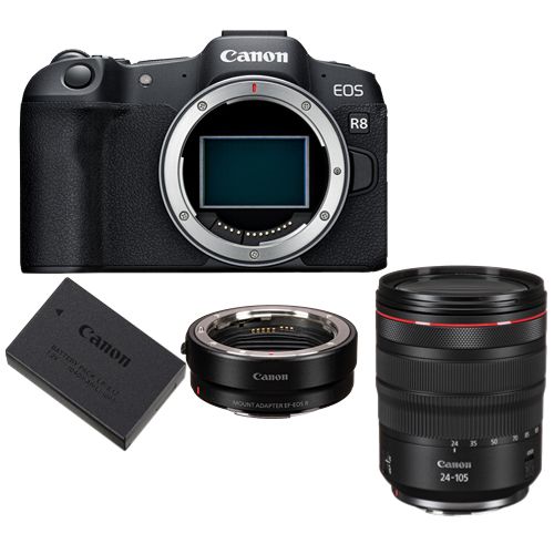 Canon EOS R8 Mirrorless Camera + EF-EOS R Mount Adapter + Canon LP-E17 Battery + RF 24-105mm f/4L IS USM Lens