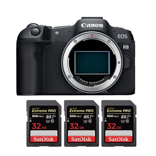 Cámara Canon EOS R8 + 3 Tarjetas SanDisk Extreme Pro SDHC UHS-II 4K U3 300 MB/s (32 GB)