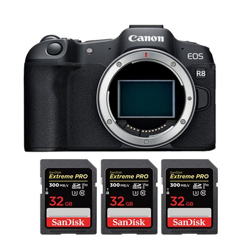 Canon EOS R8 Camera + 3x 32GB SanDisk Extreme Pro SDHC UHS-II 4K U3 300MB/s Cards