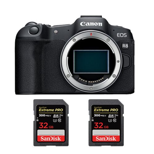 Canon EOS R8 Camera + 2x 32GB SanDisk Extreme Pro SDHC UHS-II 4K U3 300MB/s Cards