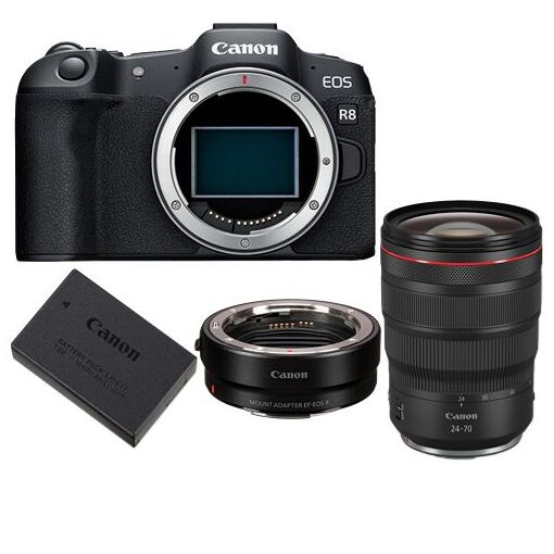 Canon EOS R8 Mirrorless Camera + Mount Adapter EF-EOS R + Canon LP-E17 Battery + RF 24-70mm f/2.8L IS USM Lens