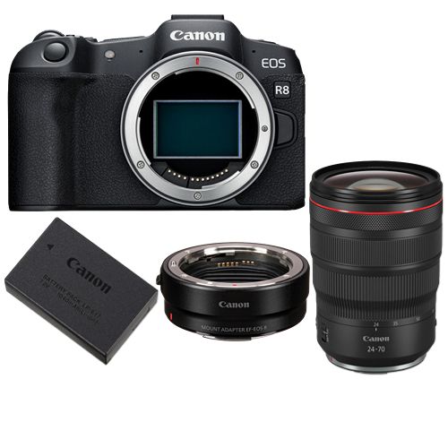 Canon EOS R8 Mirrorless Camera + Mount Adapter EF-EOS R + Canon LP-E17 Battery + RF 24-70mm f/2.8L IS USM Lens