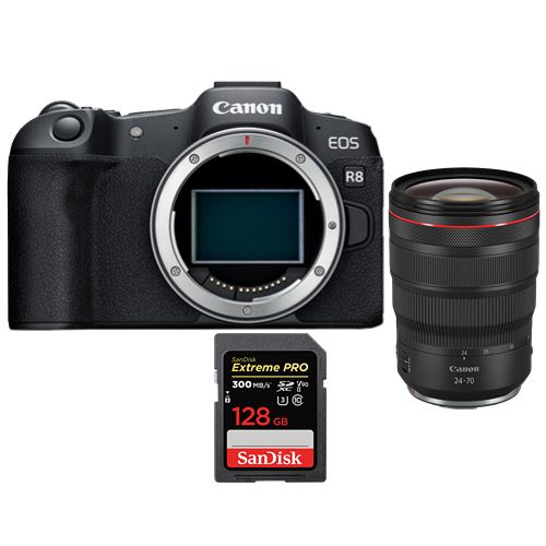 Appareil photo sans miroir Canon EOS R8 + objectif RF 24-70mm f/2,8L IS USM + carte SDXC SanDisk 128 Go Extrême Pro UHS-II U3 300 Mo/s