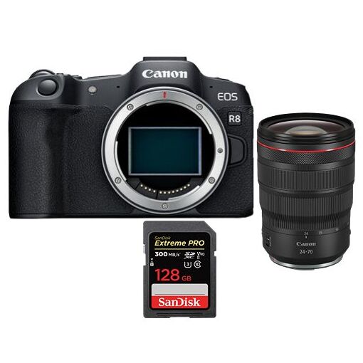Canon EOS R8 Mirrorless Camera + RF 24-70mm f/2.8L IS USM Lens + SanDisk 128GB Extreme Pro SDXC UHS-II U3 Card