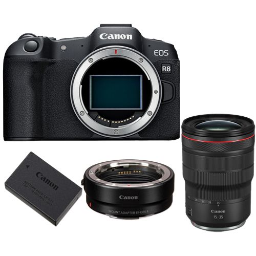 Canon EOS R8 Mirrorless Camera + Mount Adapter EF-EOS R + Canon LP-E17 Battery + RF 15-35mm f/2.8L IS USM Lens
