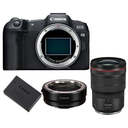 Appareil photo sans miroir Canon EOS R8 + adaptateur de montage EF-EOS R + batterie Canon LP-E17 + objectif RF 15-35mm f/2,8L IS USM
