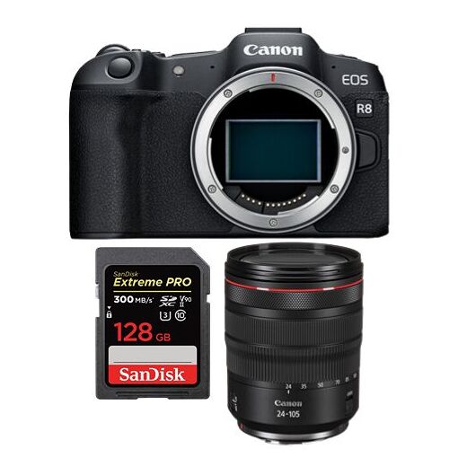Canon EOS R8 Mirrorless Camera + RF 24-105mm f/4L IS USM Lens + SanDisk 128GB Extreme Pro SDXC UHS-II Card
