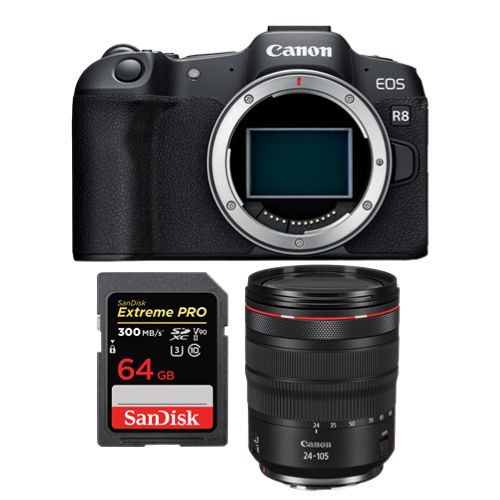 Cámara sin espejo Canon EOS R8 + lente RF 24-105 mm f/4L IS USM + tarjeta de memoria SanDisk 64 GB Extreme Pro SDXC UHS-II U3 V90 300 Mo/s