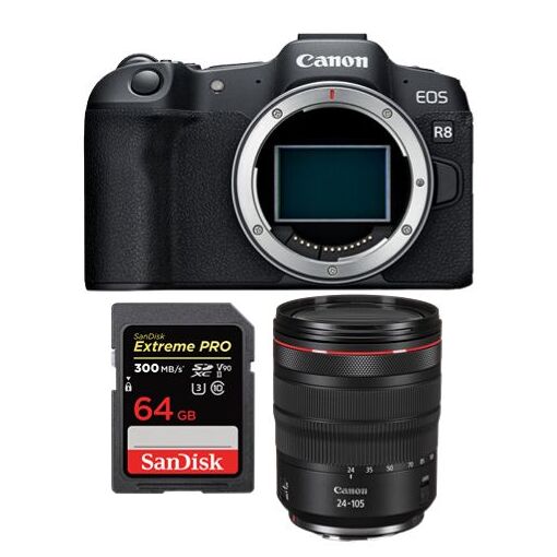 Canon EOS R8 Mirrorless Camera + RF 24-105mm f/4L IS USM Lens + SanDisk 64GB Extreme Pro SDXC UHS-II U3 V90 Card