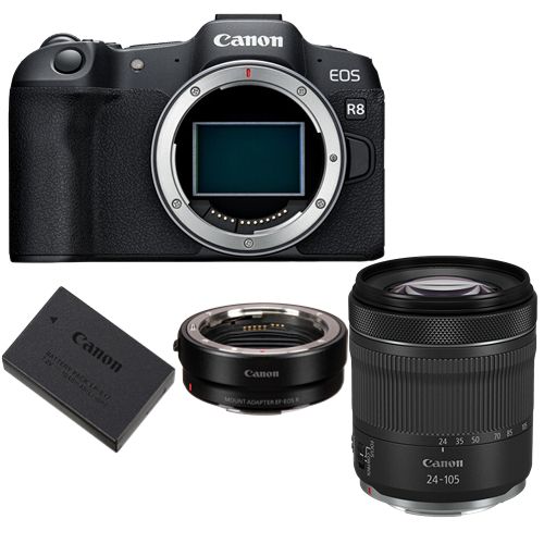 Canon EOS R8 Mirrorless Camera + Mount Adapter EF-EOS R + Canon LP-E17 Battery + RF 24-105mm f/4-7.1 IS STM Lens