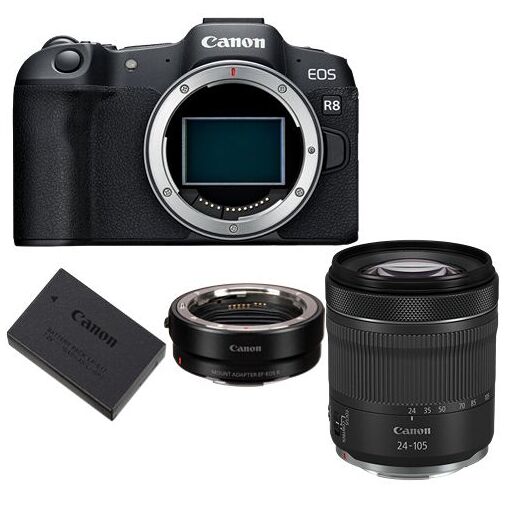 Canon EOS R8 Mirrorless Camera + Mount Adapter EF-EOS R + Canon LP-E17 Battery + RF 24-105mm f/4-7.1 IS STM Lens