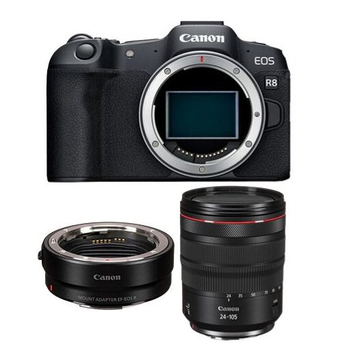 Canon EOS R8 Mirrorless Camera + EF-EOS R Mount Adapter + RF 24-105mm f/4L IS USM Lens