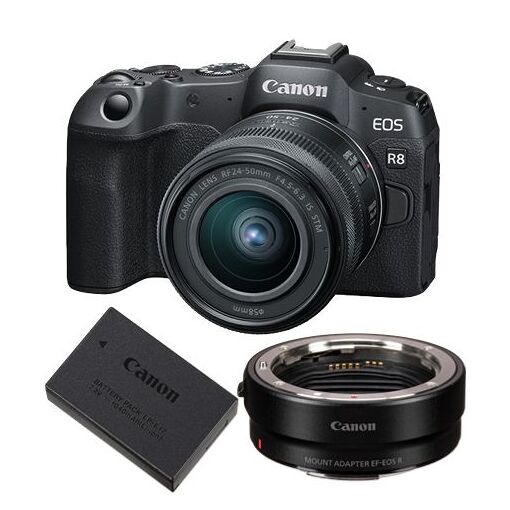 Canon EOS R8 Mirrorless Camera + RF 24-50mm f/4.5-6.3 IS STM Lens + EF-EOS R Mount Adapter + LP-E17 Battery