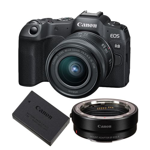 Canon EOS R8 Mirrorless Camera + RF 24-50mm f/4.5-6.3 IS STM Lens + EF-EOS R Mount Adapter + LP-E17 Battery