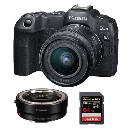 Canon EOS R8 Mirrorless Camera + RF 24-50mm f/4.5-6.3 IS STM Lens + EF-EOS R Mount Adapter + SanDisk 64GB Extreme Pro SDXC UHS-II U3 V90 300MB/s