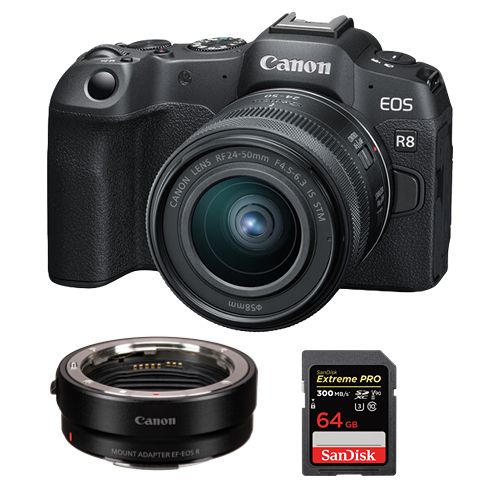 Canon EOS R8 Mirrorless Camera + RF 24-50mm f/4.5-6.3 IS STM Lens + EF-EOS R Mount Adapter + SanDisk 64GB Extreme Pro SDXC UHS-II U3 V90 300MB/s