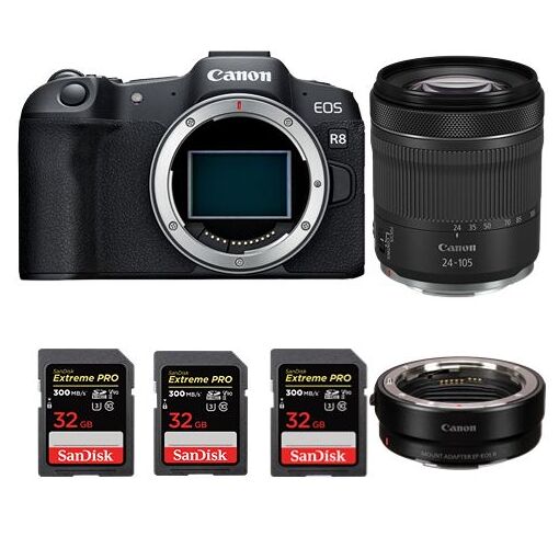 Canon EOS R8 Body + EF-EOS R Mount Adapter + RF 24-105mm f/4-7.1 IS STM Lens + 3x 32GB SanDisk Extreme Pro SDHC USH-II 4K U3 300MB/s Cards