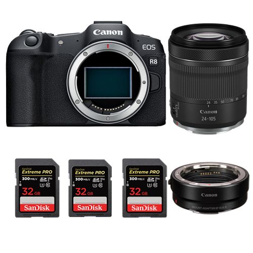 Canon EOS R8 Body + EF-EOS R Mount Adapter + RF 24-105mm f/4-7.1 IS STM Lens + 3x 32GB SanDisk Extreme Pro SDHC USH-II 4K U3 300MB/s Cards