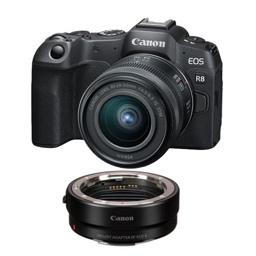 Canon EOS R8 Mirrorless Camera + RF 24-50mm f/4.5-6.3 IS STM Lens + EF-EOS R Mount Adapter