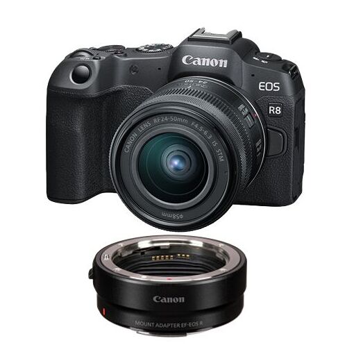 Canon EOS R8 Mirrorless Camera + RF 24-50mm f/4.5-6.3 IS STM Lens + EF-EOS R Mount Adapter
