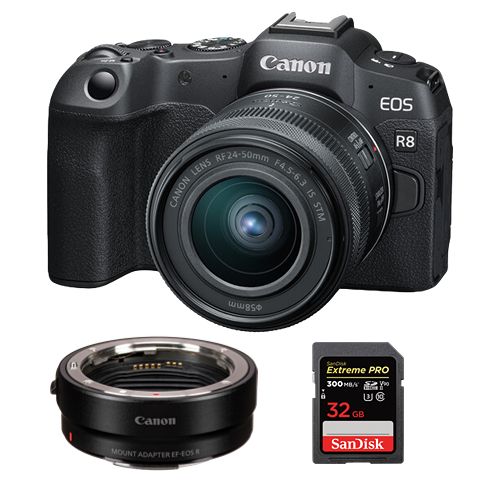 Canon EOS R8 Mirrorless Camera + RF 24-50mm f/4.5-6.3 IS STM Lens + EF-EOS R Mount Adapter + SanDisk 32GB Extreme Pro SDHC USH-II 4K U3 300MB/s