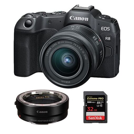 Canon EOS R8 Mirrorless Camera + RF 24-50mm f/4.5-6.3 IS STM Lens + EF-EOS R Mount Adapter + SanDisk 32GB Extreme Pro SDHC USH-II 4K U3 300MB/s