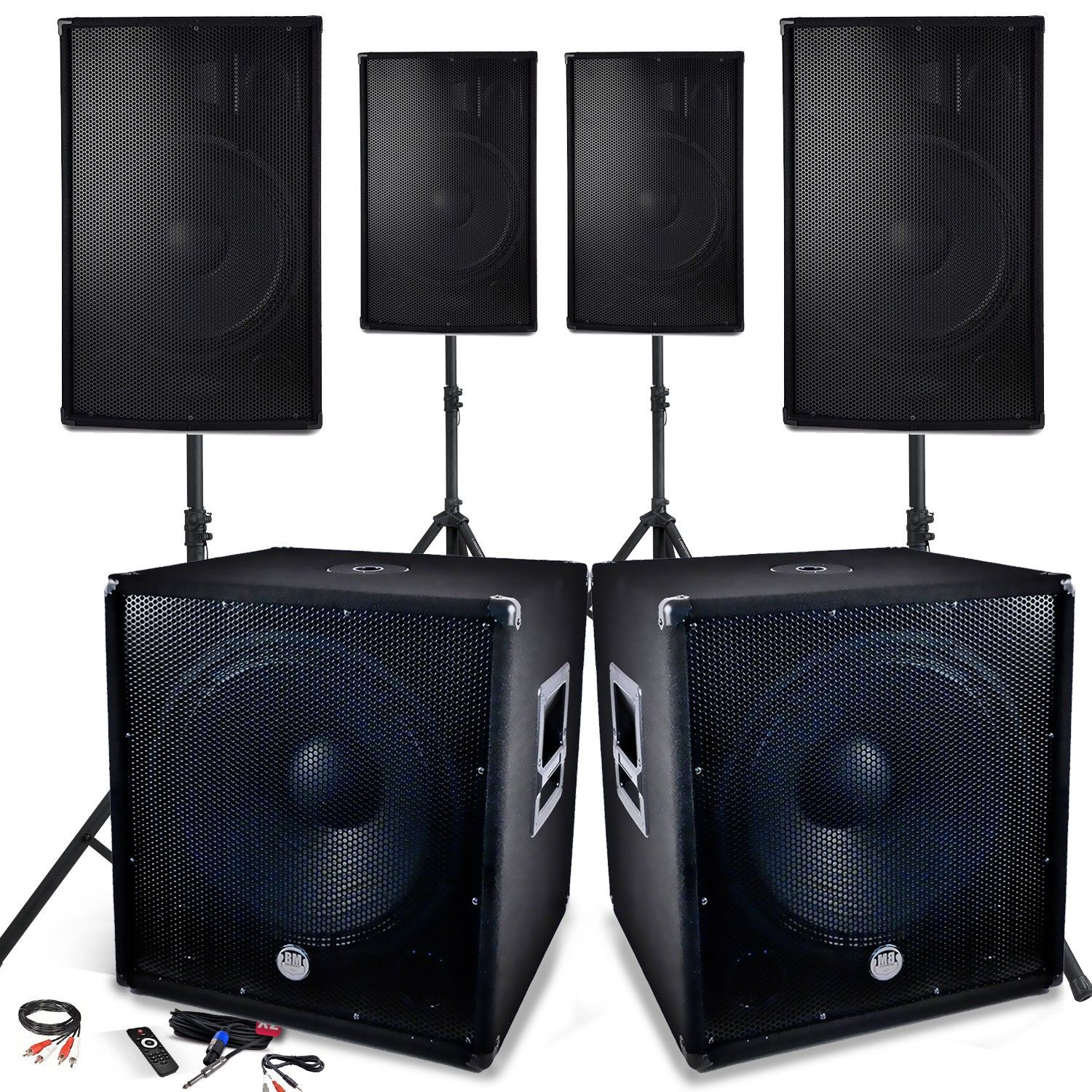 Complete Sound System 4800W, 4 Speakers, 2 18" Subwoofers - USB/Bluetooth Cable PC + Stand, DJ PA Sonics Performance