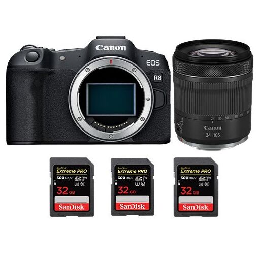 Canon EOS R8 Mirrorless Camera + RF 24-105mm f/4-7.1 IS STM+ 3x SanDisk 32GB Extreme Pro SDHC USH-II 4K U3 300MB/s