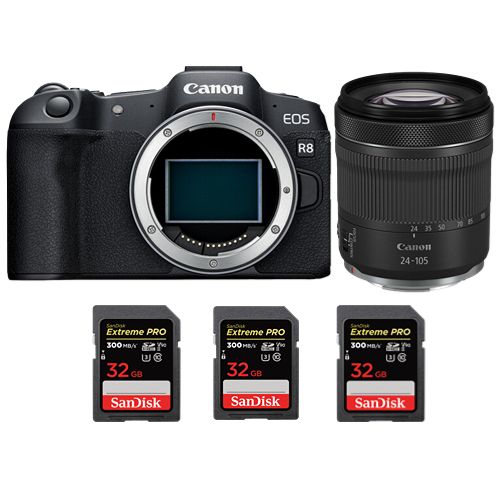 Canon EOS R8 Mirrorless Camera + RF 24-105mm f/4-7.1 IS STM+ 3x SanDisk 32GB Extreme Pro SDHC USH-II 4K U3 300MB/s