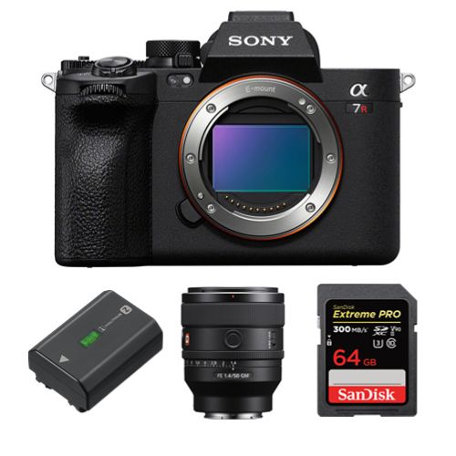 Sony A7R V Mirrorless Camera + FE 50mm f/1.4 GM Lens + NP-FZ100 Battery + SanDisk 64GB Extreme Pro SDXC UHS-II U3 V90 300MB/s