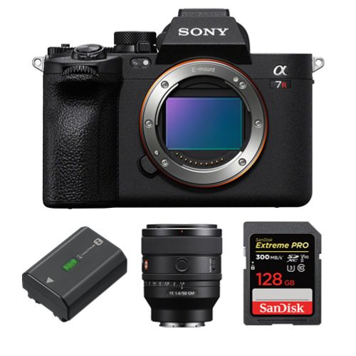 Sony A7R V Mirrorless Camera + FE 50mm f/1.4 GM Lens + NP-FZ100 Battery + SanDisk 128GB Extreme Pro SDXC UHS-II U3 Card