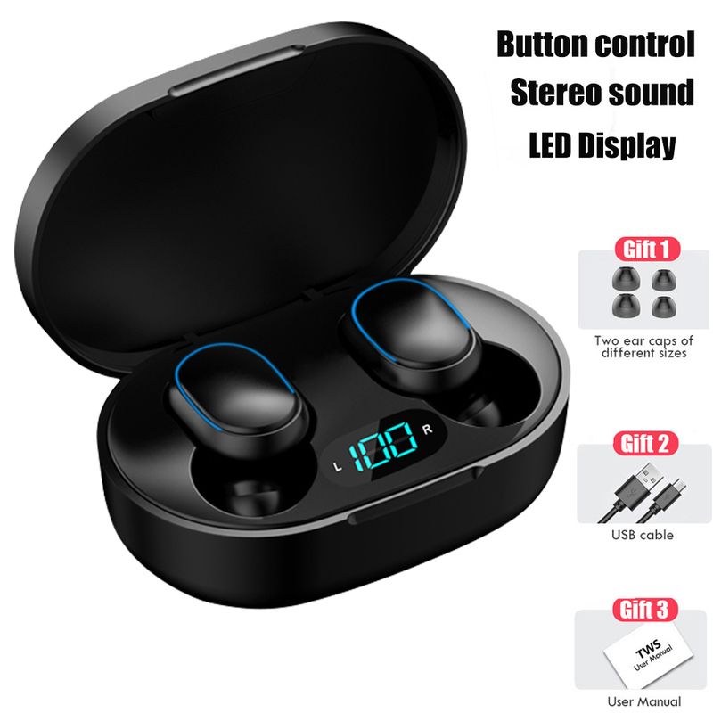 Nokksackk E7S Bluetooth Wireless Earbuds with LED Display Mic for iPhone Xiaomi TWS - Black