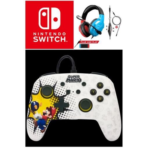 Manette filaire SWITCH Mario Bob-omb Blast Officielle Nintendo avec Câble USB détachable + Casque SWITCH ROUGE ET BLEU