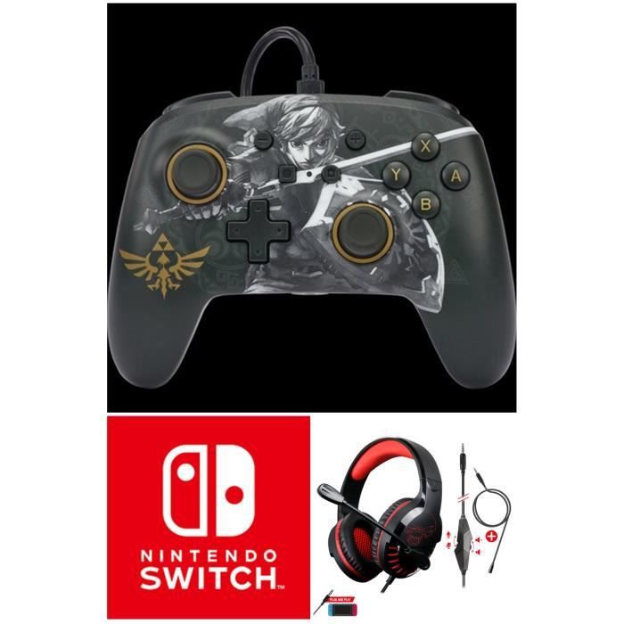 Controlador cableado oficial de Nintendo Zelda Battle-Ready Link con cable USB desmontable + Auriculares Switch Rojo Negro