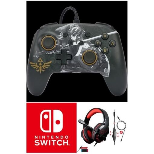 Manette filaire officielle Nintendo Zelda Battle Ready Link avec câble USB détachable + Casque Switch Rouge Noir