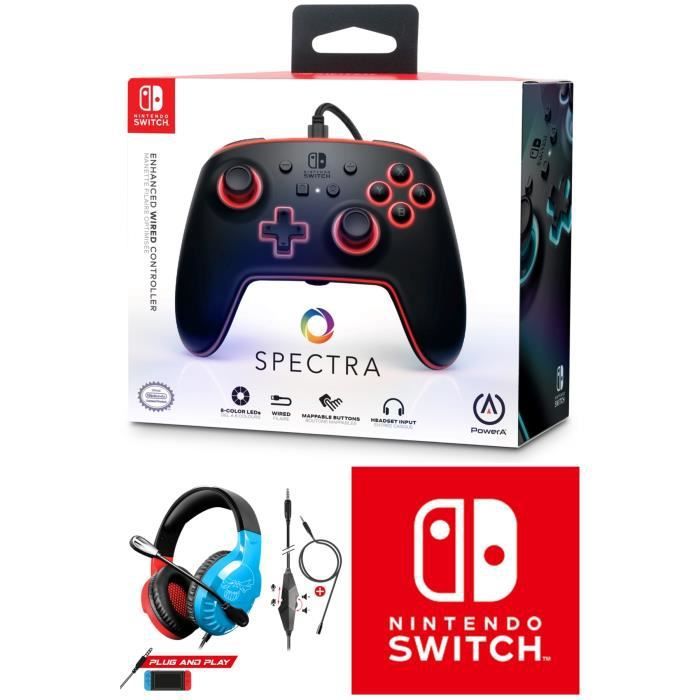 Manette filaire POWER A SWITCH Spectra RGB avec câble USB amovible + Casque SWITCH rouge et bleu