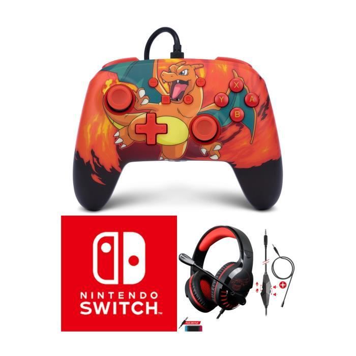 Pokémon Charizard Vortex Official Wired Controller for Nintendo Switch with Detachable USB Cable + Red Black Switch Headset