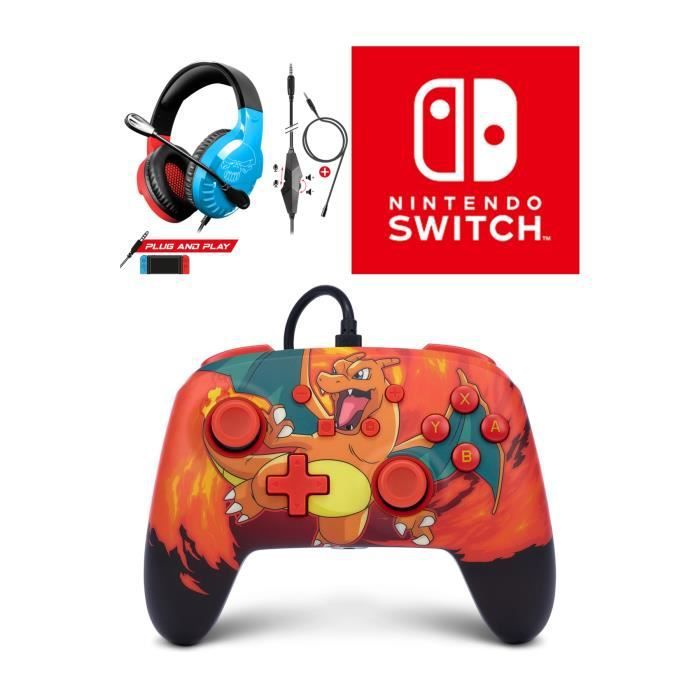 Pokémon Charizard Vortex Wired Controller with Detachable USB Cable and Switch Red & Blue Headset - Official Nintendo