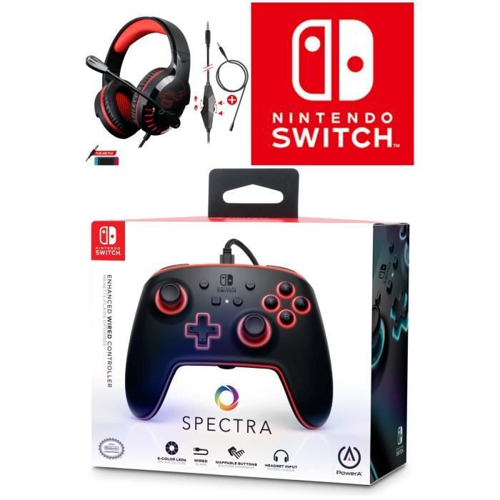 Manette filaire officielle Nintendo Switch SPECTRA RGB POWER A avec câble USB détachable + Casque SWITCH Rouge Noir