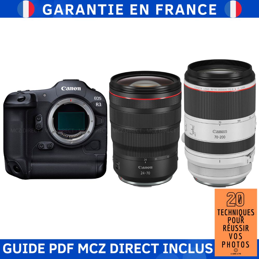 Canon EOS R3 + RF 24-70mm f/2.8 L IS USM + RF 70-200mm f/2.8 L IS USM + Guide PDF MCZ DIRECT '20 Techniques pour Réussir Vos Photos
