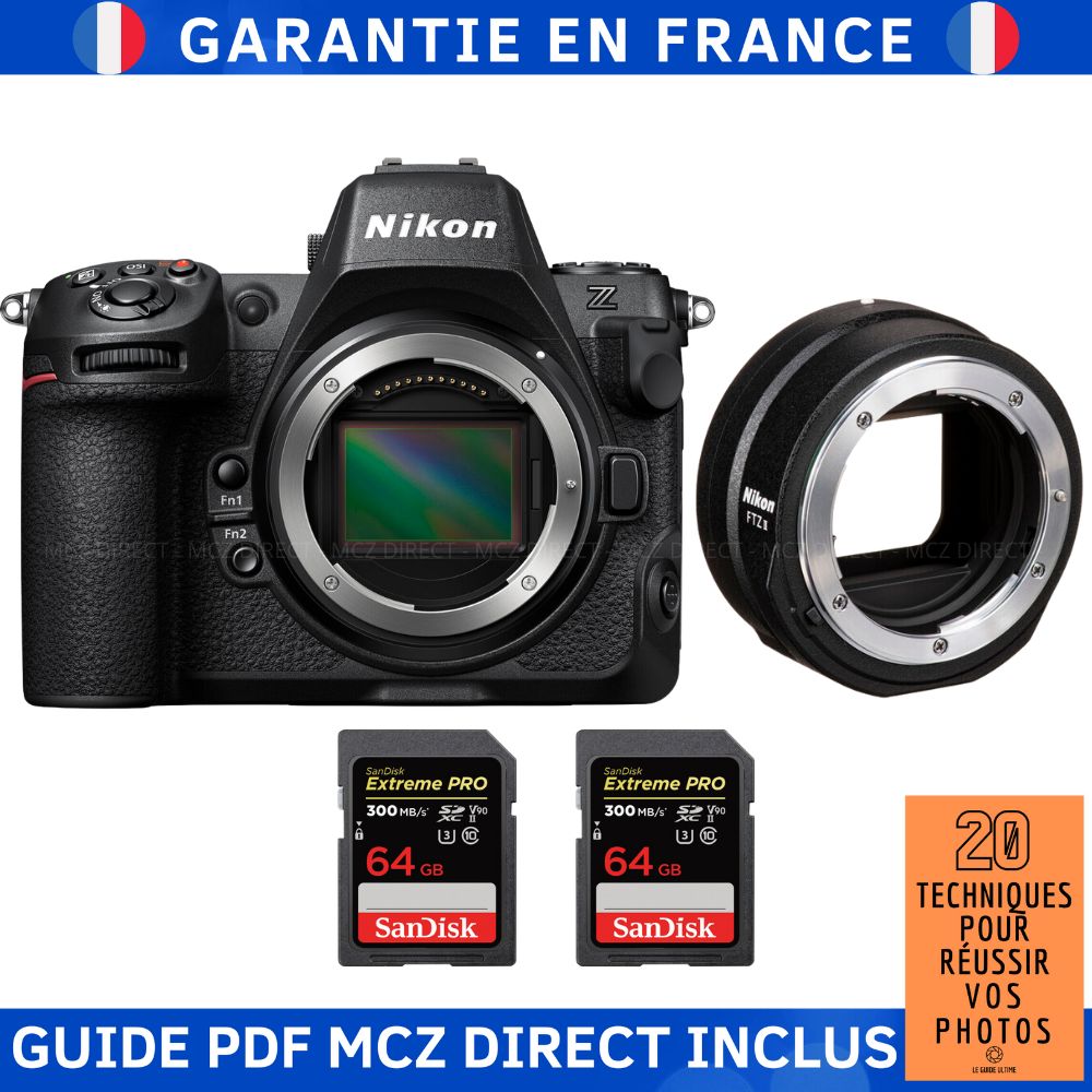 Kit Nikon Z8 avec adaptateur FTZ II et 2 cartes mémoire SanDisk 64 Go Extreme PRO
