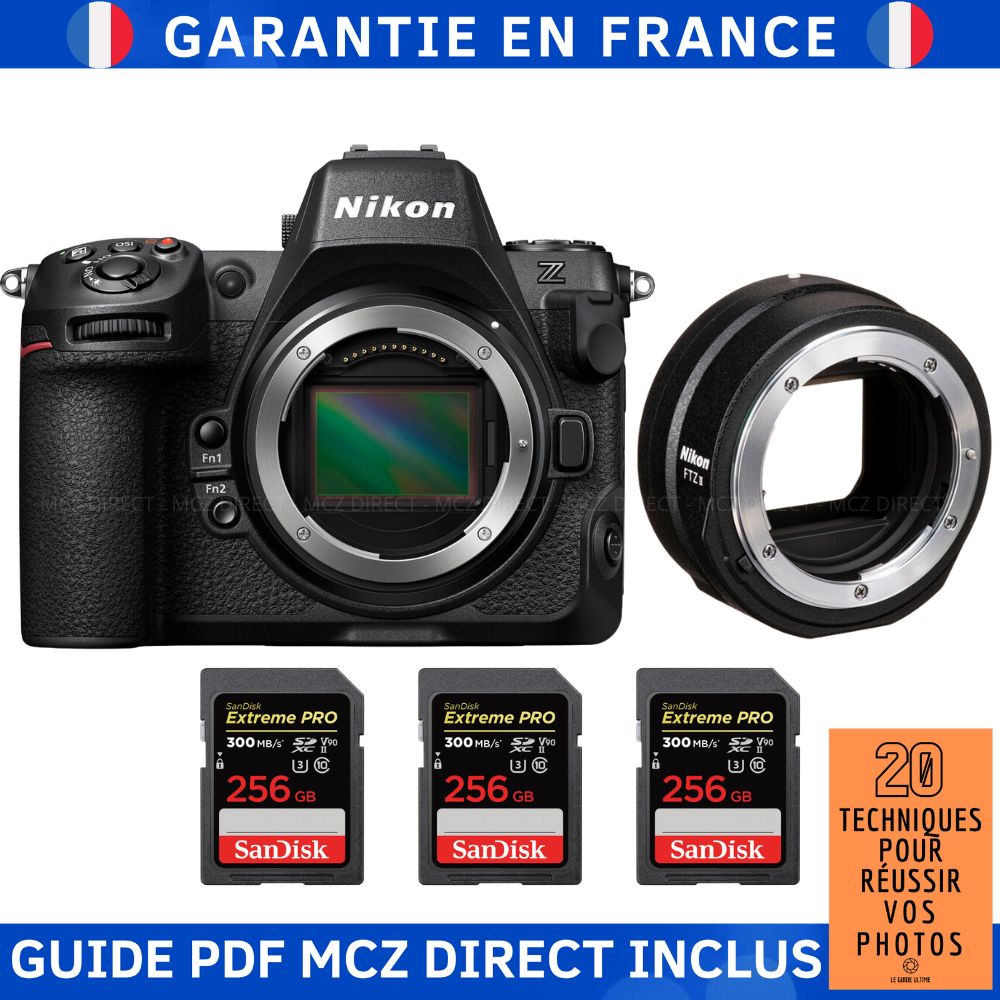 Kit Nikon Z8 avec adaptateur FTZ II et 3 cartes SD 256 Go SanDisk Extreme PRO