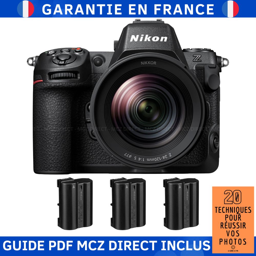 Appareil photo hybride Nikon Z8 au format complet avec objectif Z 24-120 mm f/4 S + 3 batteries EN-EL15c + guide PDF MCZ