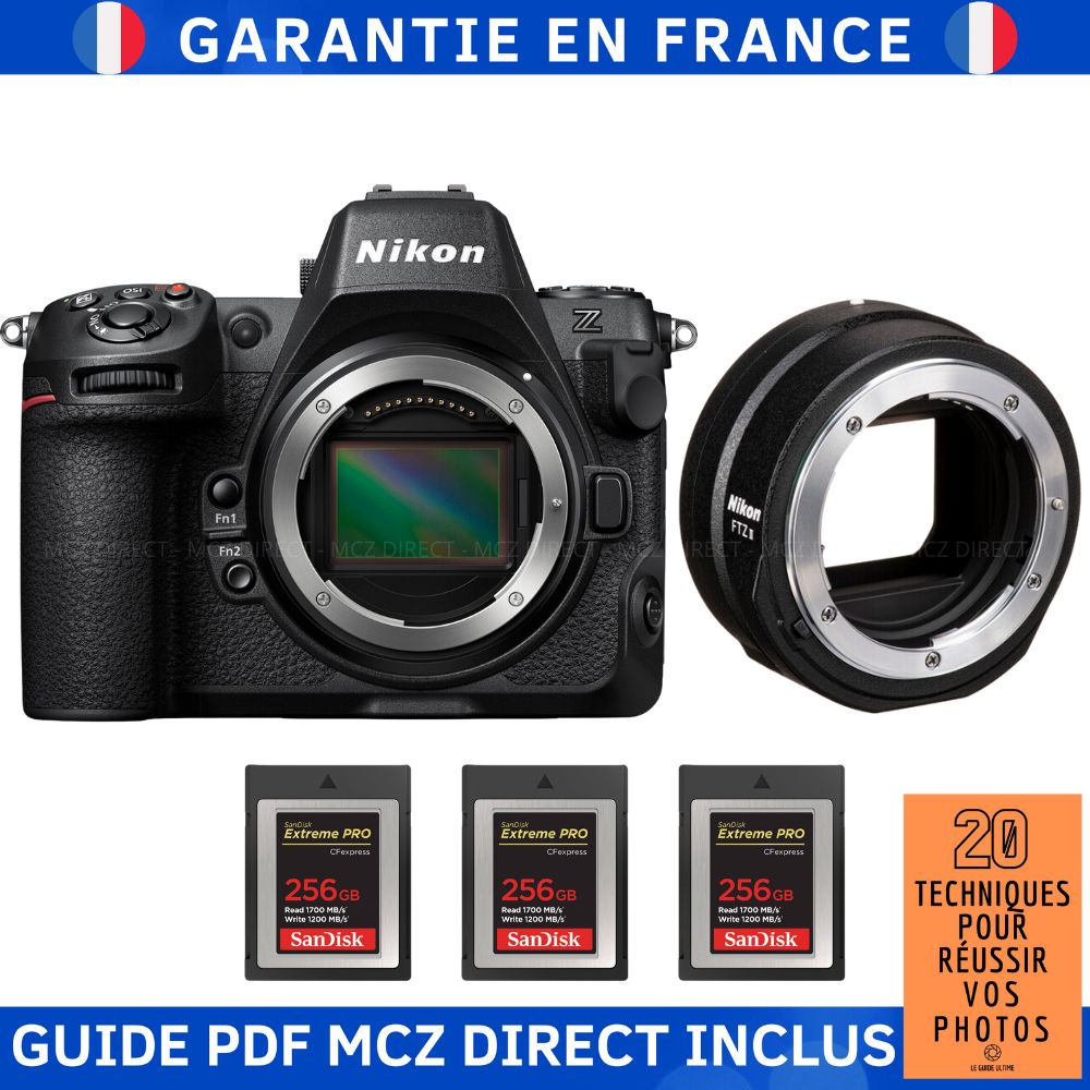 Kit Nikon Z8 avec adaptateur FTZ II, 3 cartes SanDisk Extreme PRO CFexpress Type B de 256 Go + guide '20 techniques pour réussir en photographie'